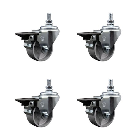 Semi Steel Cast Iron Swivel Threaded Stem Caster w/Roller Bearing Set of 4 w/3" x 1.5" Silver Wheels and 3/4" Stems - Includes 4 with Posi Lock Brakes - 1200 lbs Total Capacity - Service Caster Brand